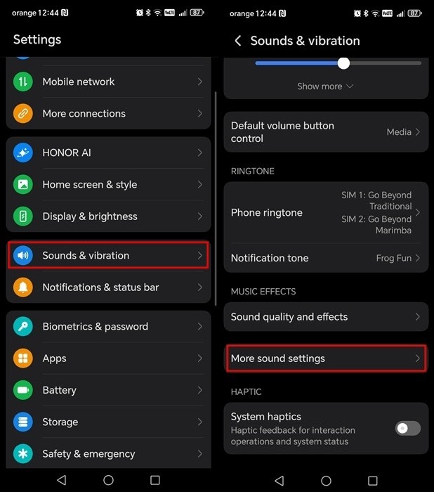 Navigating to "More sound settings" on Honor phone. 