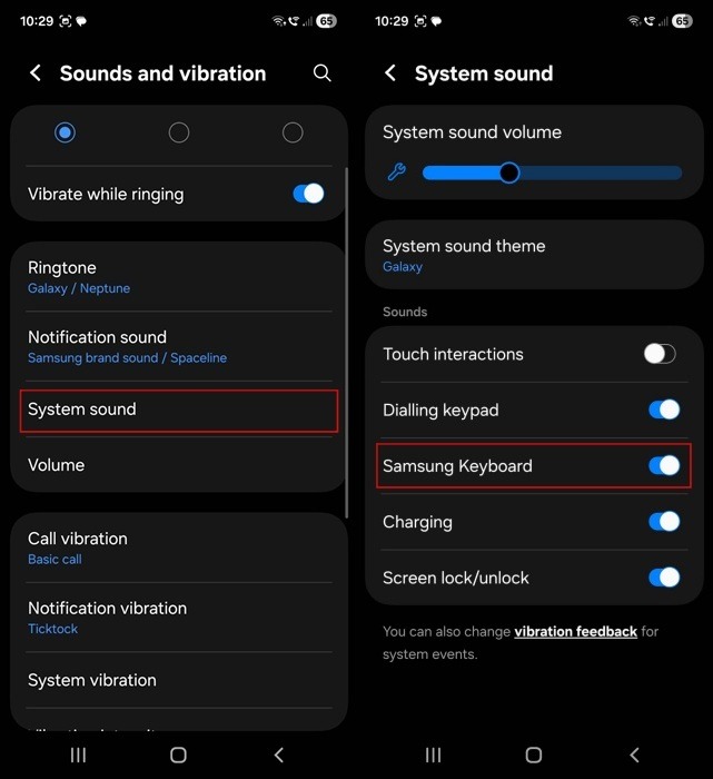 Disabling system Samsung Keyboard sound on Galaxy phone. 