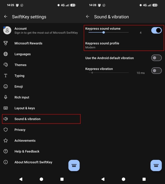 Adjusting keypress sound volume in SwiftKey app on Android. 