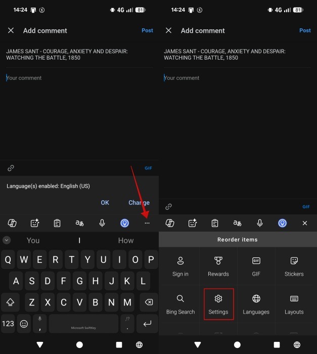 Accessing Settings in SwiftKey app on Android.
