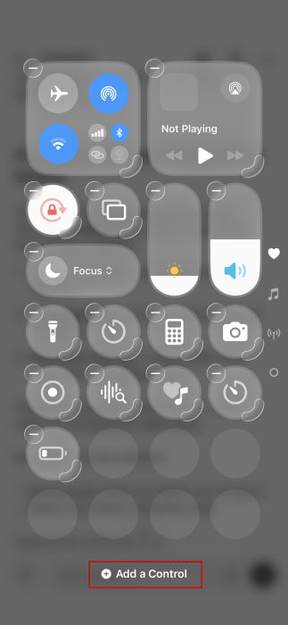 Tapping on "Add a Control" option in Control Center on iPhone. 