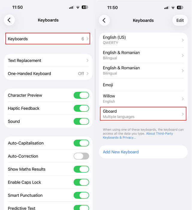 Navigating to "Gboard" in General Settings on iPhone. 