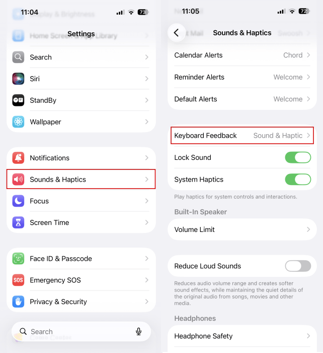 Navigating to "Keyboard Feedback" in iPhone Settings. 