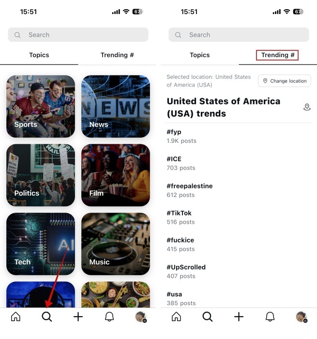Browsing categories and Trending section in UpScrolling app. 