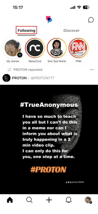 Viewing Stories in Following feed in UpScrolled app. 