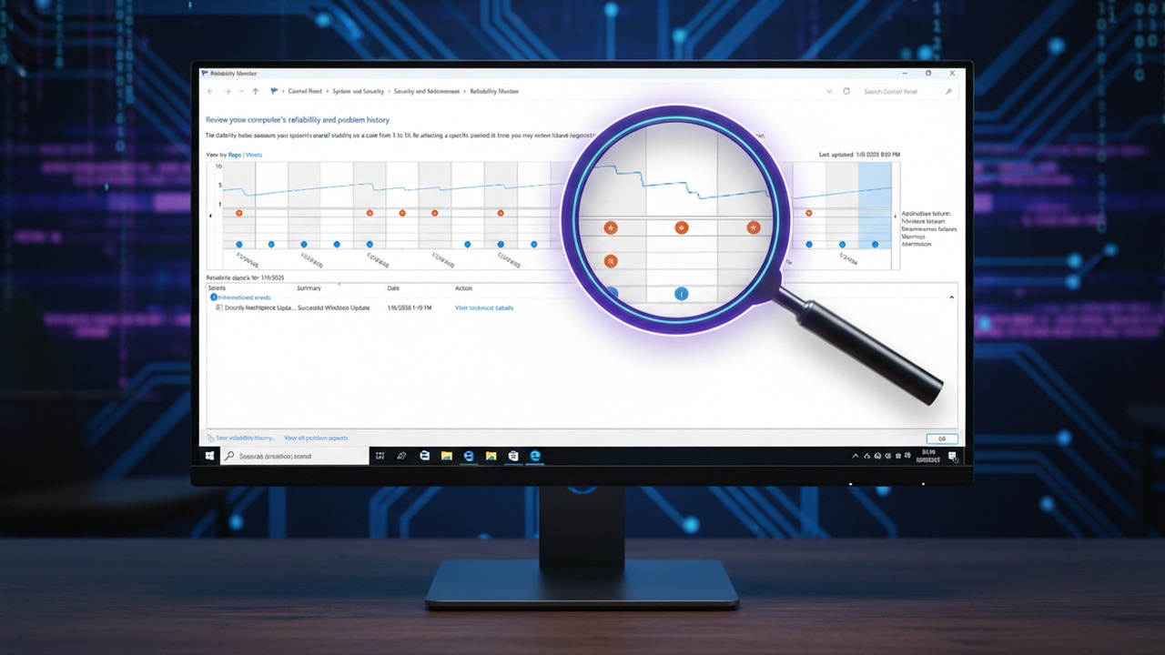 Reliability Monitor interface on a monitor with a magnifying glass on it