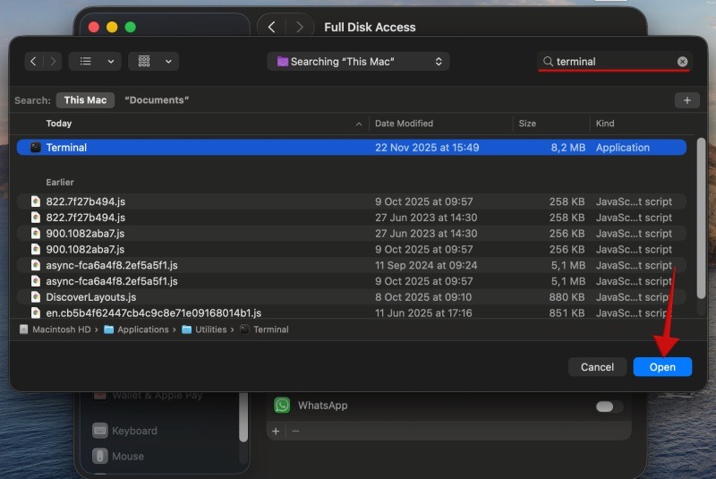 Adding Terminal to "Full Disk Access" in macOS.