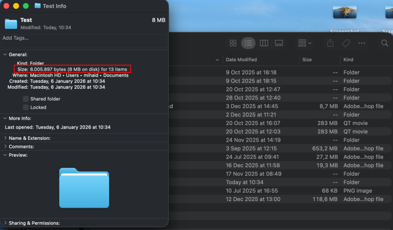 Viewing folder size in Get info window on macOS.