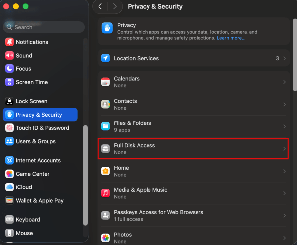 Accessing "Full Disk Access" via "Privacy & Security" in macOS System Settings. 