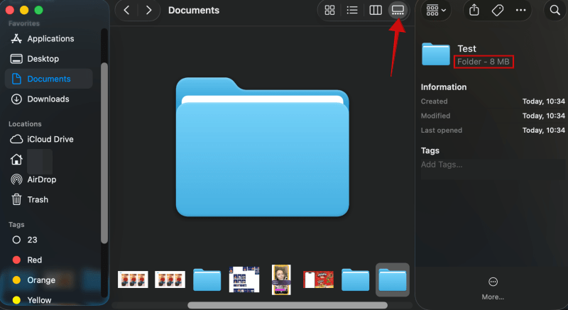 Gallery view for a folder showing size in right panel on macOS. 