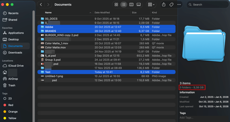 Multiple folder sizes combined view on macOS.