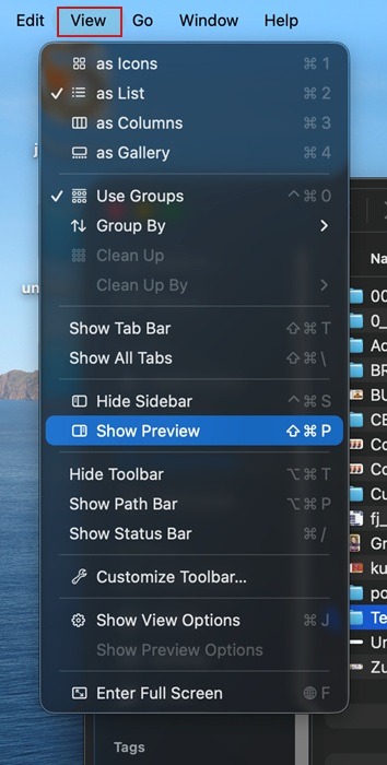 Selecting "Show Preview" option in View menu on macOS.