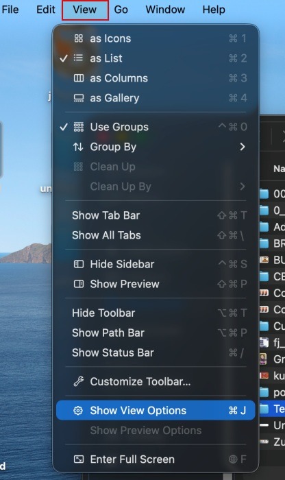 Selecting "Show View Options" in macOS View menu. 