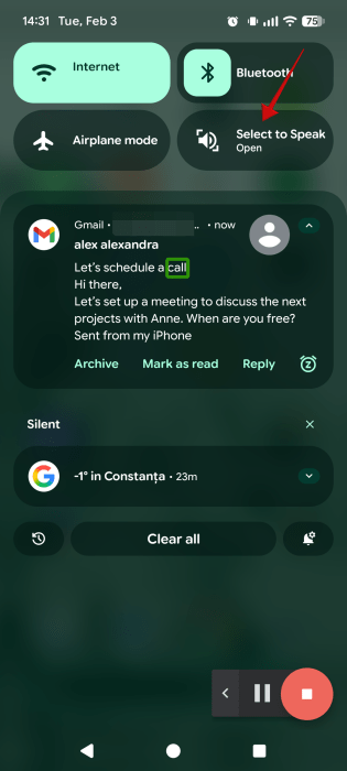"Select to Speak" active on Android phone. 