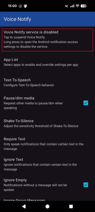 Tapping on "Voice Notify service is disabled" option in Voice Notify app on Android. 