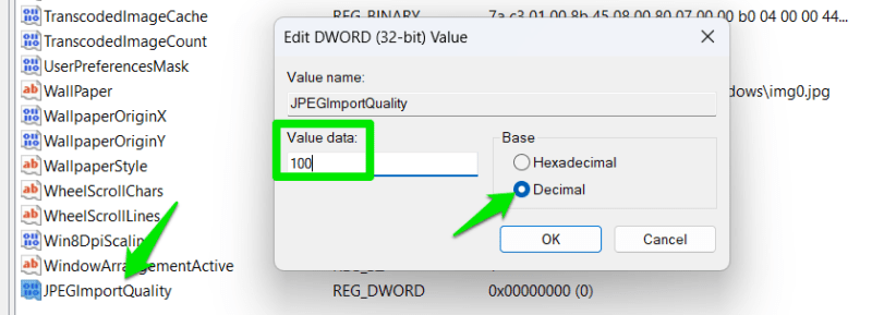 Selecting 100% wallpaper quality in the Registry