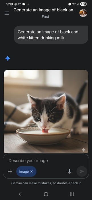 Creating an image of a kitten drinking milk in Gemini.