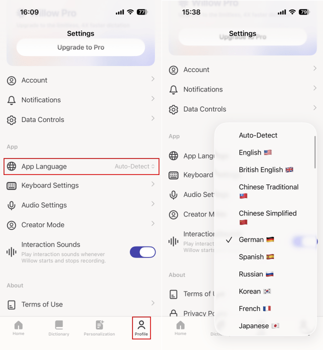 Changing language in Willow app on iPhone. 