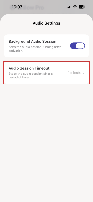 Setting "Audio Session Timeout" for Willow app on iPhone. 