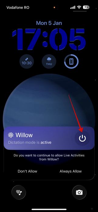 Turning off Willow from lock screen on iPhone.