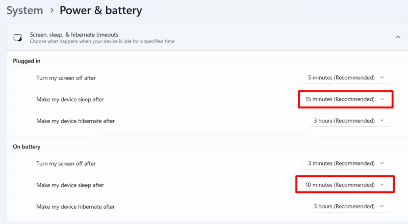 Adjusting sleep time in Windows Power Settings 