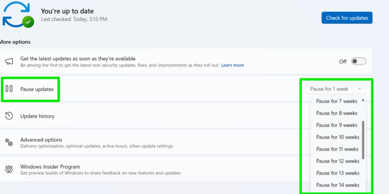 Windows Update Settings showing Pause Weeks
