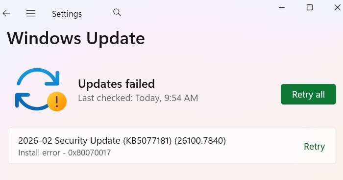 KB5077181 security update for Windows 11, 10 February, 2026 with install error.