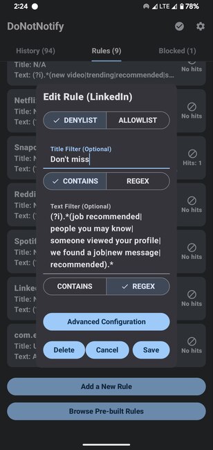 Keyword Filter Rule Creation Donotnotify
