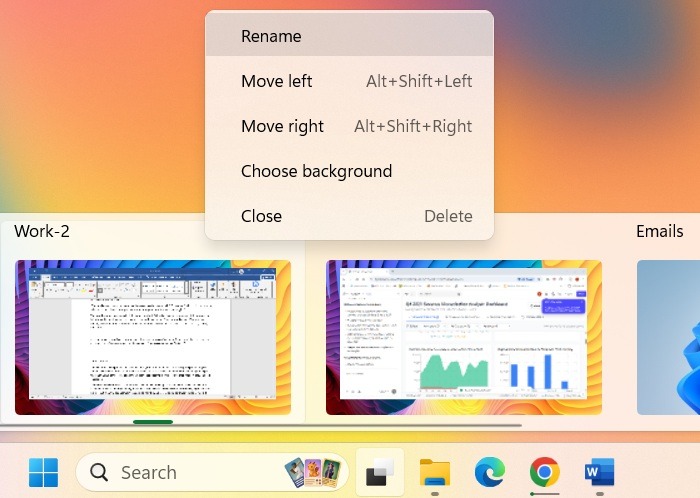 Renaming a virtual desktop in Windows 11.