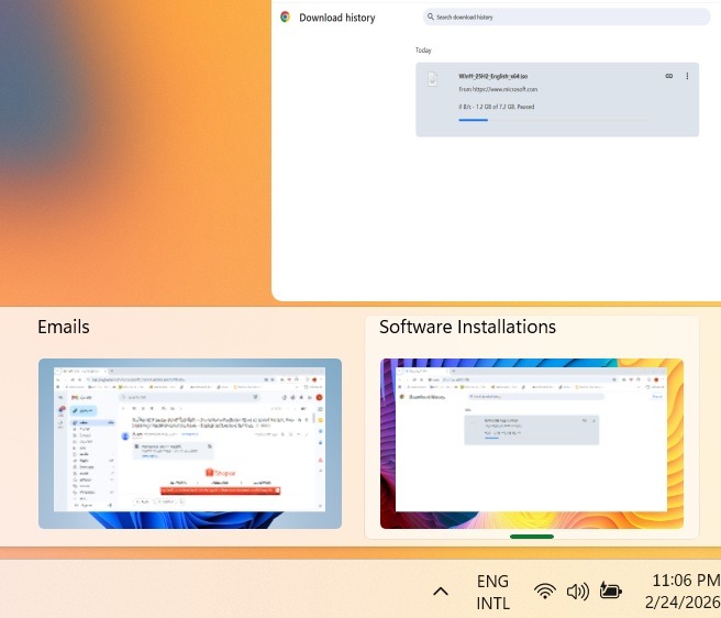 Software installations in a separate virtual desktop window versus emails in the main window.