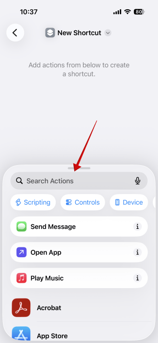 Tapping on "Search Actions" bar in Shortcuts app on iPhone. 