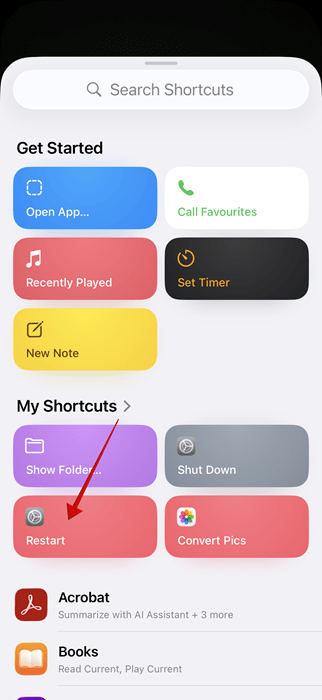 Selecting shortcut to run via lock screen widget on iPhone. 