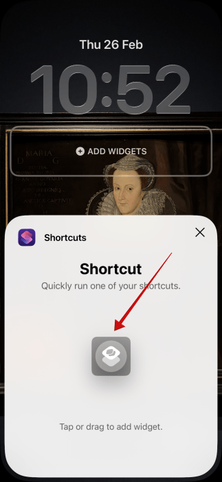 Selecting "Shortcut" option for adding widget on iPhone lock screen. 