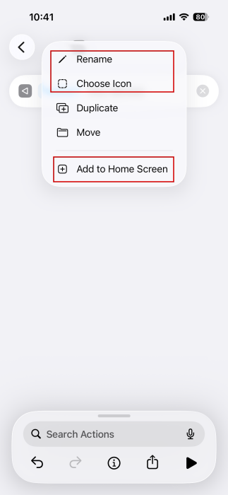 Viewing shortcut menu in Shortcuts app on iPhone. 