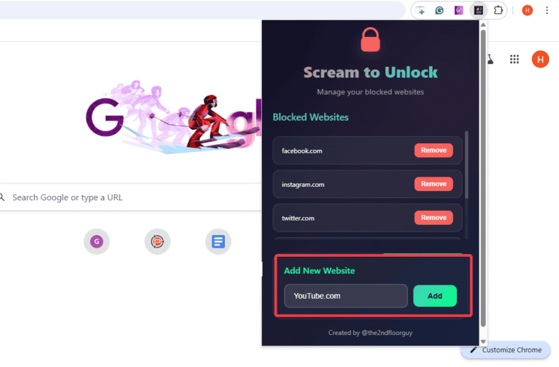 Add Sites To Block For The Scream To Unblock Extension