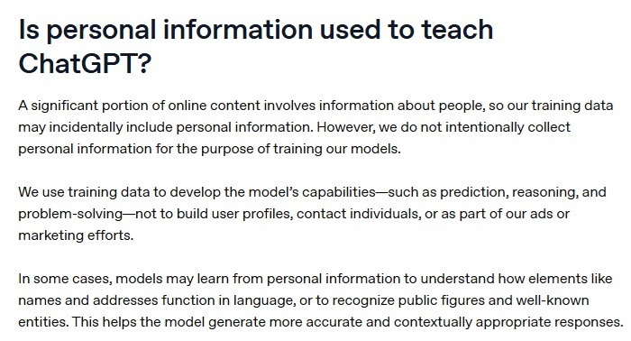 OpenAI privacy details on how ChatGPT uses personal information in training.