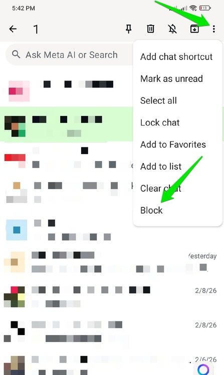 Block option in WhatsApp menu