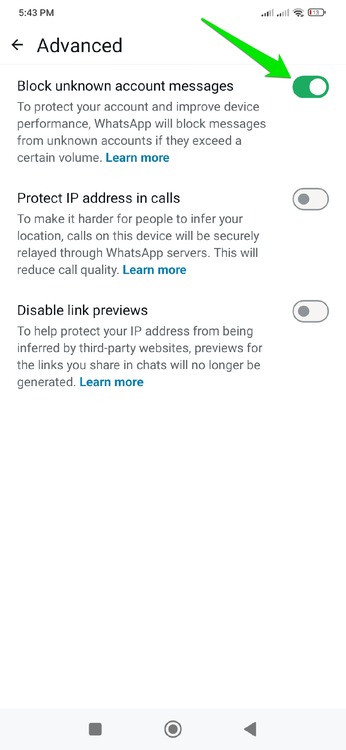 Block Unknown Messages setting in WhatsApp