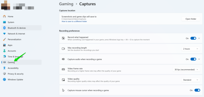 Capture Settings in Windows 11 settings