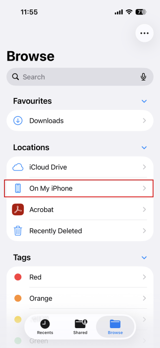 Selecting the "On My iPhone" option in Files app on iPhone. 
