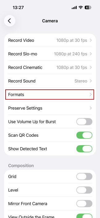 Navigating to Camera "Formats" in iPhone Settings. 