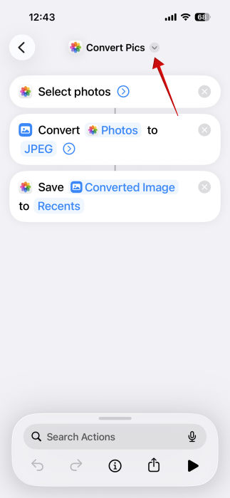Renaming new shortcut in Shortcuts app on iPhone. 