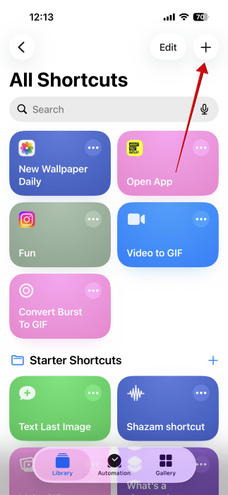 Tapping on the "+" button in Shortcuts app on iPhone. 