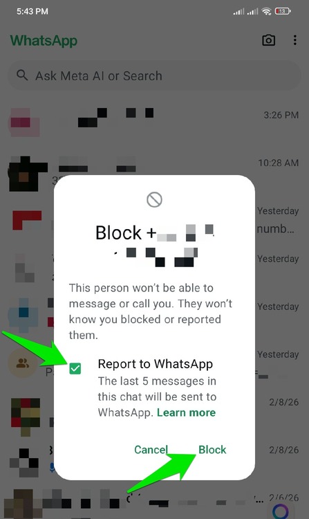 Confirming block in WhatsApp