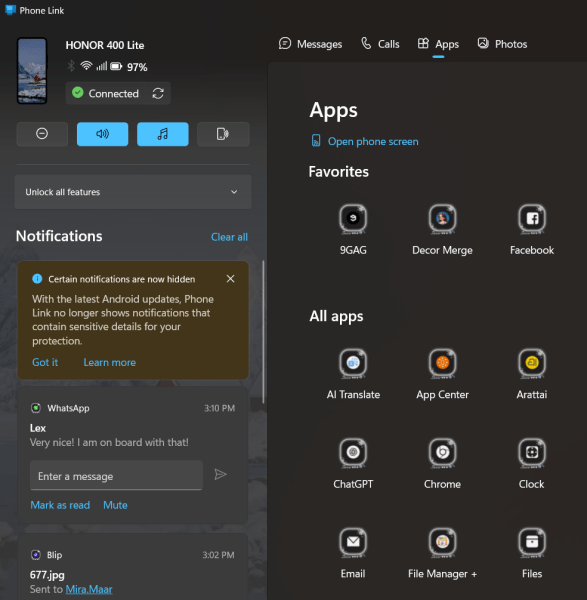 Viewing Android phone in Phone Link app on PC. 