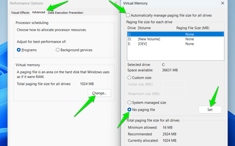 Disabling Pagefile in Windows