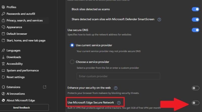 Turning Microsoft Edge VPN on in Edge browser.