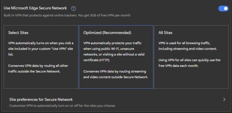 Changing settings for Microsoft Edge Secure Network VPN.