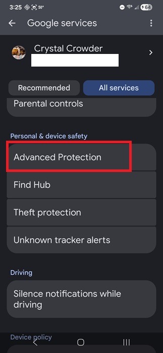 Navigating to Advanced Protection on Android.