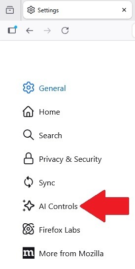 Accessing Firefox AI Controls in Settings.